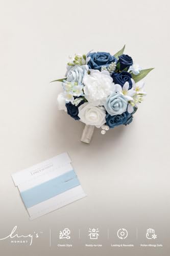 Ling's moment Navy Blue Artificial Wedding Flower Bouquet for Bridesmaid White Floral Bouquet Dusty Blue Bridal Bridesmaid Bouquets with Ribbon Ceremony Anniversary,7-inch Diameter - color: Blu-noble Navy Blue