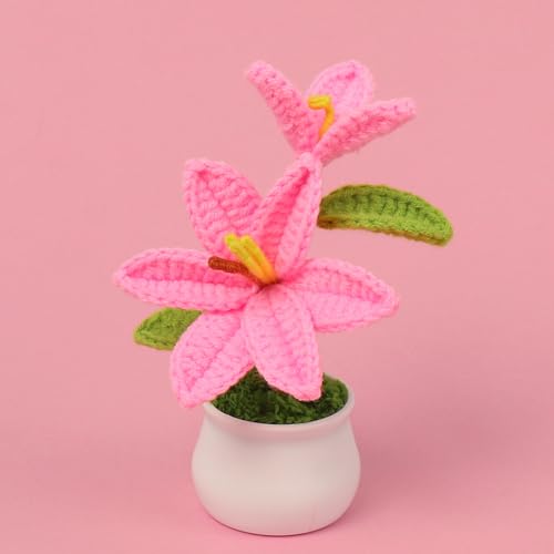 Crochet Lily Flowers, 2pcs Handmade Knitted Plant Artificial Lily Flowers Gift to Family and Friends, Home Wedding Office Desk Cafe Decoration (Bright Pink) - color: Lily-bright Pink