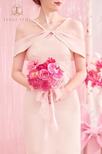 TINGE TIME 7inch Wedding Bouquets for Bridesmaid, Artificial Flowers Cascading Bridal Bouquet for Wedding (Hot Pink, Set of 4) - color: Hot Pink