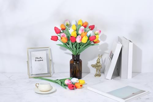 SITUMEIZI Fake Flowers Tulips Artificial PU Flower 15pcs Real Touch 14" for Spring Easter Home Kitchen Wedding Bouquet Bulk Mother's Gift Day Decorations(Multicolor,5-4) - color: Rose Red#,red,yellow,blue Base,sunset Red