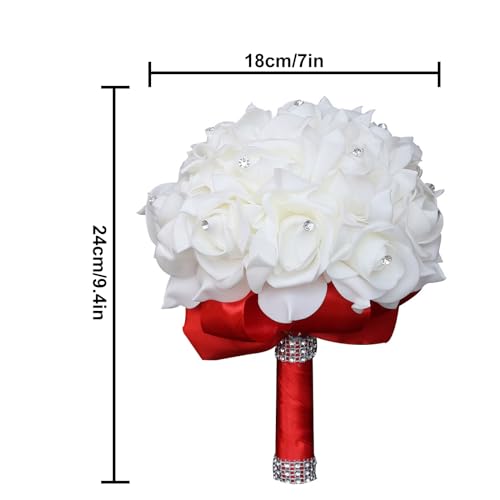 Wedding Bouquets for Bride, Bridal Flowers for Wedding, Bride Bridesmaid Hand Flowers Bridal Bouquet Crystal Diamond Silk Roses, Artificial Flowers Bouquet for Church Wedding Party (Red) - color: Red