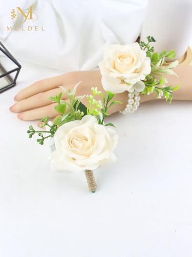 Cream Rose Wrist Corsage and Boutonniere Set for Dance Party Wedding | Pearls Wristlet Corsage for Bride Bridesmaids, Boutonniere for Groom Best Man Wedding Flower Accessories Prom Ceremony Party - color: Champagne-c 1 Boutonniere&1 Wrist Corsage