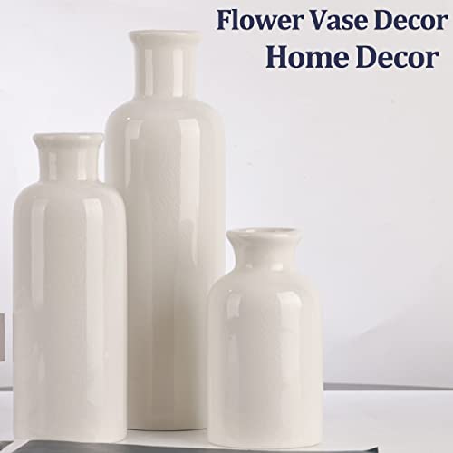 White Ceramic Vase Set - 3 White Small Vases, Farmhouse Country Flower Vase Home Decor, Living Room Decoration, Table Decoration, Fireplace Decor, and Entrance Decorations Centerpieces - color: Crack White