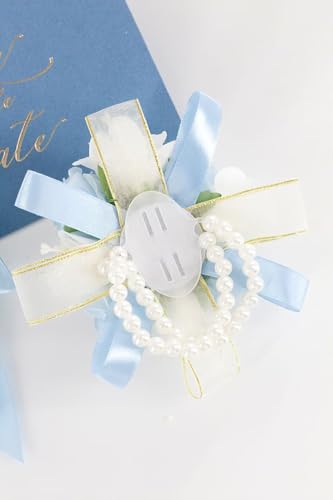 Light Blue Rose Corsage and Boutonniere Set, Prom Flower Wrist Corsage Wristlet Band Bracelet, Boutonniere for Men White Wedding Flowers Accessories Prom Suit Decorations - color: Light Blue