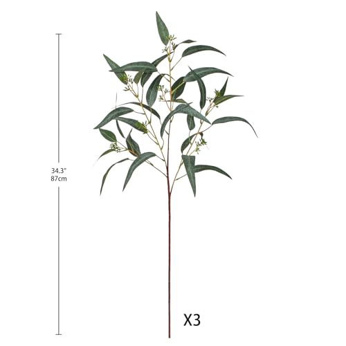 Faux Eucalyptus Stems Willow Eucalyptus Leaves 34” Long Fake Salix Leaves 3 Pcs Artificial Greenery Stems for DIY Bouquet Arrangements Centerpieces Shower Decorations-Artificial Eucalyptus Stems - color: Green With Seed, size: 3Pcs
