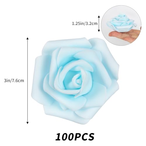 IPOPU Artificial Rose Flower Heads, 100pcs Light Blue Foam Fake Roses Bulk 3in Stemless Flowers for DIY Wedding Baby Shower Centerpieces Arrangements Party Tables Home Decorations (Light Blue) - color: Light Blue