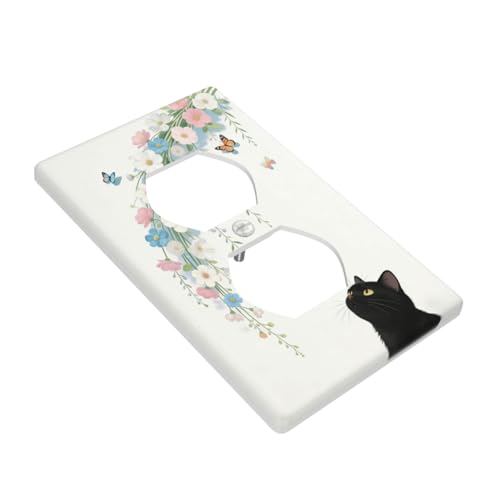 Decorative Art Light Switch Covers Black Cat Hanging Blooms 1 Gang Single Duplex Outlet Wall Plate Switchplate Electrical Faceplate for Home Decor - color: Black Cat Hanging Blooms, size: 1-Gang Duplex Outlet / 5 x 3 IN