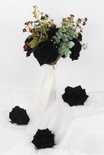 Artificial Roses 16pcs Velvet Black Roses Artificial Flowers 3.94" Fake Black Roses for Wedding Flowers Black Rose Decor for Centerpieces Home Party Decor (Black) - color: 3.94" Black