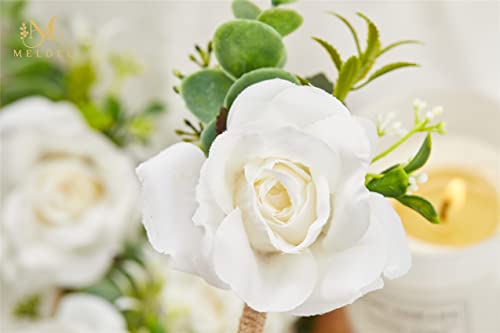 Ivory White Rose Boutonnieres for Men Wedding, Set of 2, Artificial Corsage for Prom, Groom and Groomsmen Boutonniere for Ceremony, Formal Dinner Party, Fall Rustic Wedding, Homecoming - color: 2 Boutonnieres White