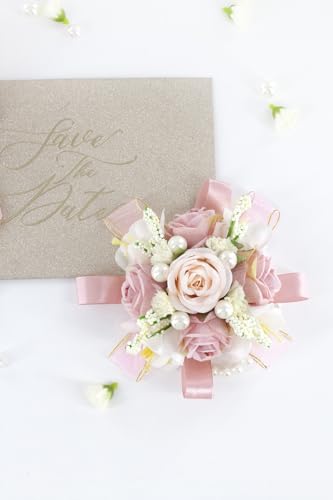 Blush Pink Rose Corsage and Boutonniere Set, Prom Flower Wrist Corsage Wristlet Band Bracelet, Boutonniere for Men Wedding Flowers Accessories Prom Suit Decorations - color: Blush Pink