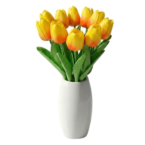 10 Stems Sunset Red Real-Touch Artificial Tulips with Premium Glazed Ceramic Vase – Modern Farmhouse Table Centerpiece（Premium Vase+ Sunset Red） - color: Premium Vase+ Sunset Red