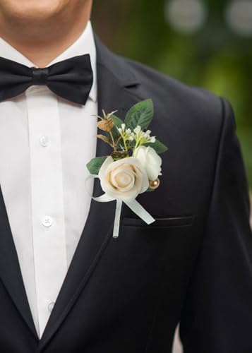 Set of 2 Ivory Rose Boutonniere for MenWedding, Groom Groomsman Artificial Flowers for Wedding Anniversary Celebration,Prom,Party,Home Decoratio (Ivory) - color: Ivory
