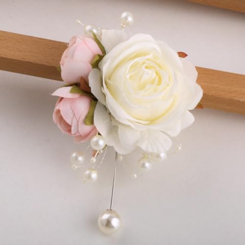 Boutonnieres Set of 6 for Groom Groomsmen Best Man Suit Decoration Artificial Flower Boutonniere for Men Wedding Graduation Prom Homecoming Party Ivory and Pink - color: Ivory & Pink Boutonnieres (6pcs)