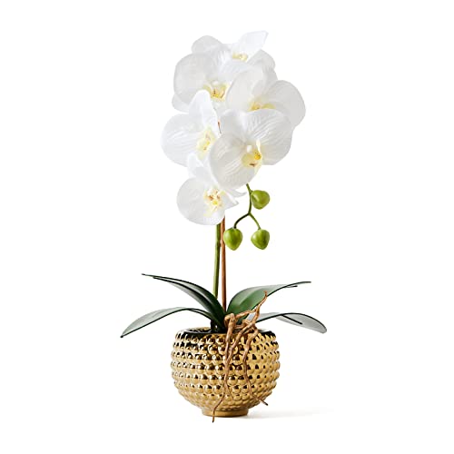 Orchids Artificial Flowers, 15" Faux Orchid in Gold Flower Pot Real Touch Flowers in Pot Large Flower Arrangements Artificial Centerpiece for Home Living Room Bathroom Kitchen Decoration (White) - color: White