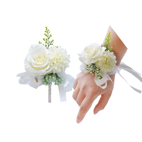 2 Pack Flower Wrist Corsage Boutonniere Set,3" Artificial Rose and Carnation Handmade Silk Flower for Wedding Flowers Accessories Prom Suit Decor(White) - color: White