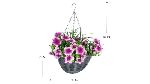 KIHO Artificial Hanging Flower Plant with Basket for Spring Summer Outdoor Decoration, Low-Maintenence Beautiful Petunia Flowers with Eucalyptus Leaves Perfect for Home (Pink) - color: Pink