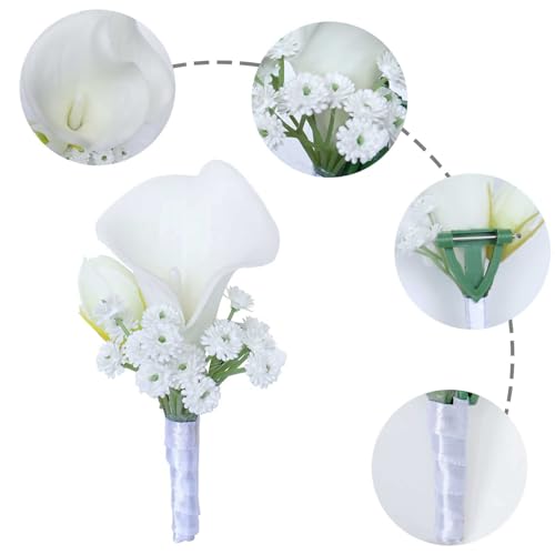 Artificial White Calla Lily Boutonniere for Men Groom Groomsmen Artificial Calla Lily Boutonniere for Wedding Party Prom Homecoming Ceremony Anniversary White Calla Lily Boutonniere - color: White Calla Lily Boutonniere