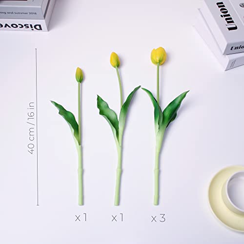 16-inch Premium Real Touch Fake Tulips, Artificial Flowers with Buds, Flexible Stem Easy to Shape, Faux Tulips (Vase not Included), 5-Pack Set of Lemonade Yellow - color: Lemonade Yellow