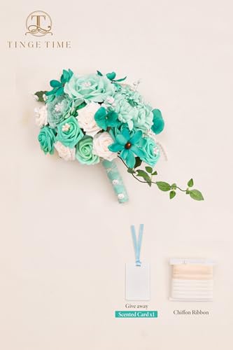 TINGE TIME 11 Inch Wedding Bouquets for Bride, Teal Green & Champagne Artificial Flowers Bouquet, Brides & Bridesmaids Bouquet for Wedding Anniversary Ceremony Bridal Shower Decorations - color: Teal Green & Champange