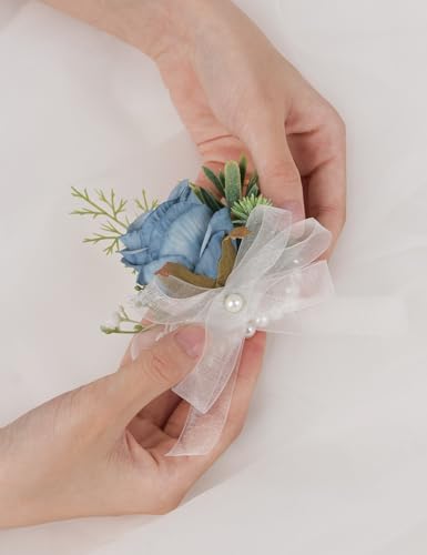 Alizeal 2Pcs of Wrist Corsage and Boutonniere Set, Artificial Flowers Accessories Suit Decor for Wedding Prom Party Homecoming Ceremony, Light Blue - color: Light Blue