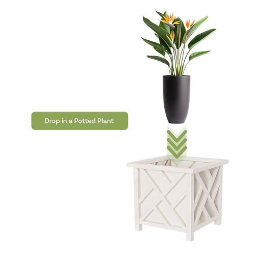 Lattice Design Outdoor Planter Box - 14.75” Square 13” Tall White Plant Pot - Decorative Plant Pots for Front Porch Decor - Flower Pots Outdoor Planters for Porch Patio or Garden Decor by Pure Garden