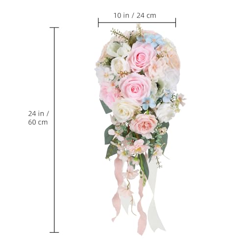 Blush Pink Wedding Bouquets for Bride,10 Inch Fake Cascading Bridal Bouquet Silk Faux Flowers for Ceremony Anniversary Wedding Bridal Shower(Light Pink) - color: Light Pink