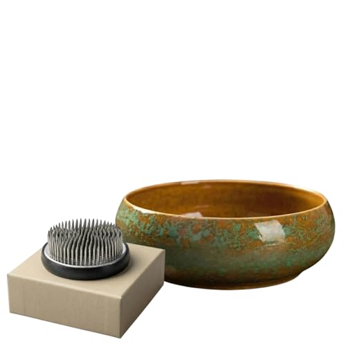 Water Lotus Bowl Planter Kit - Japanese Compote Bowl Ikebana Vase Set w/ 2.4" Floral Frog- Ideal for Ikebana, Flower Arrangement & Hydroponic Planting (Large-Terra) - color: Large-terra