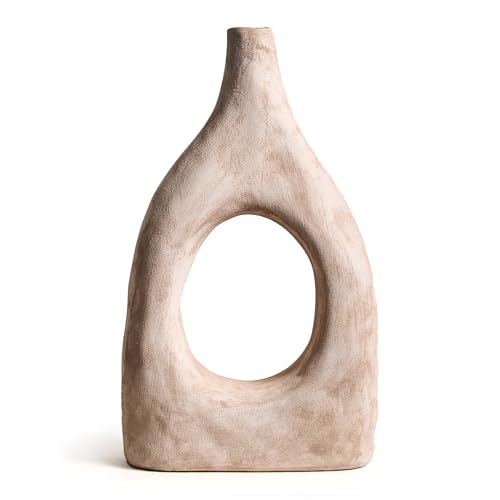 Large Boho Ceramic Floor Vase for Home Decor, Matte Narrow Hollow Vase for Pampas Grass, Minimalist Decorative Centerpiece for Living Room, Entryway, Office (Beige Large) - color: Beige Large
