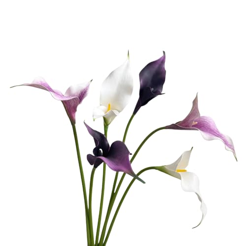 6Pieces Calla Lily Artificial Flowers,Real Touch Latex Flowers,22" Long Stem Artificial Flowers for DIY Wedding Bouquet Party Home Table Centerpieces Decor (White Purple) - color: White Purple