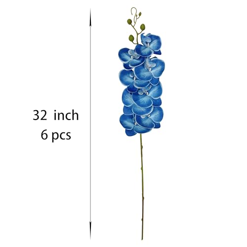 ATFL 6 Pack Blue Orchid Artificial Flowers Real Touch, 32'' Artificial Fake Faux Silk Orchid Stem Bouquets for Wedding Party Home Garden Decor,Orquideas Artificiales para Decora (not Including Pot) - color: Blue