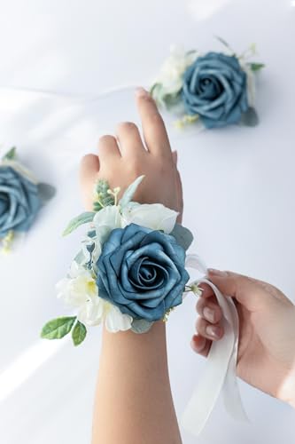 Set of 2 Wrist Corsage Wristlet for Wedding Bridesmaid Mother Grandmother for Bridal Shower Wedding Artificial Roses Flower Prom (Navy Blue) - color: Navy Blue