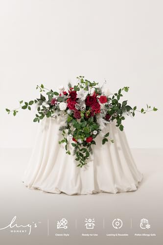 Ling's moment 2PCS Red Artificial Flower Garland Wedding Arch Flowers Christmas Floral Swags Table Centerpieces Rose Arrangements for Sweetheart Table Easel Wall Entryway Board Backdrop Decor - color: Red-red & White