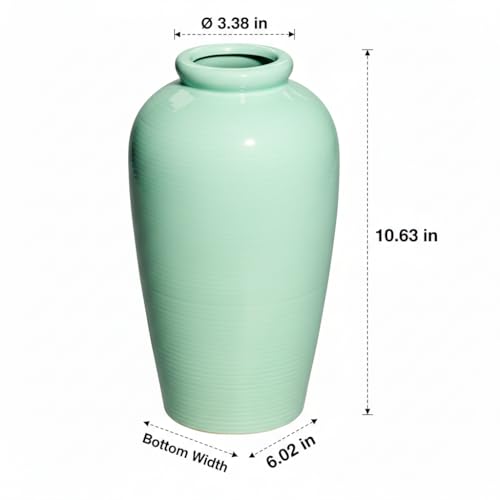 Green Ceramic Vase - 11 Inch Tall Modern Decorative Flower Vase for Living Room, Pottery Centerpiece Vases Home Decor, Eucalyptus, Mantel Decor, Side Table, Kitchen Decoration - color: Light Green