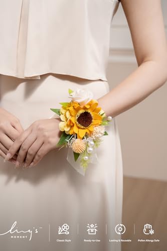 Ling's moment 2pcs Prom Wrist/Shoulder Corsage Artificial Flower, Girl/Mother Homecoming/Wedding Corsage Wristlet Décor, etc. Sunflower Yellow - color: Sun-sunflower & Yellow