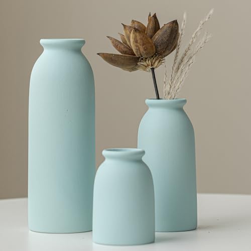 Ceramic Vase Set-3, Small Flower Vases for Decor, Modern Boho Farmhouse Style, Decorative Vases for Pampas Grass & Dried Flowers, Distressed Finish (Blue) - color: Blue