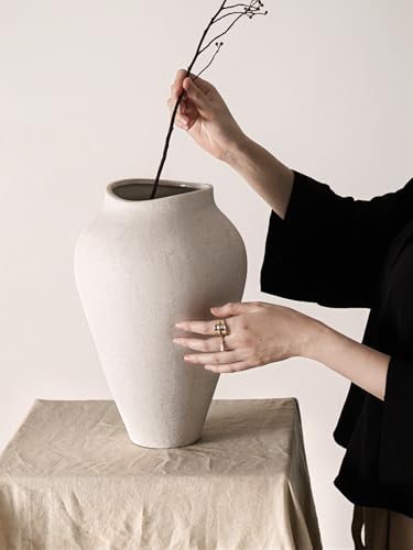 White Ceramic Vase - Large 13.6 Inch Tall Floor Vase for Centerpieces, Farmhouse Flower Vases, Rustic Minimalist Home Decor for Living Room, Enterway, Wedding (Sandstone White) - color: 13.6 Inch-sandstone White