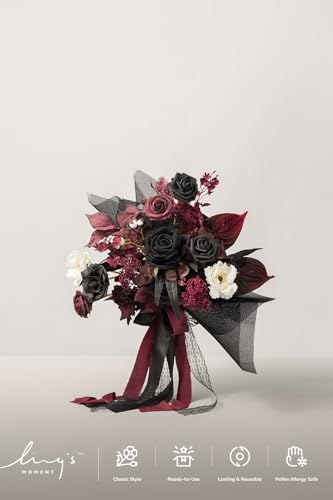 Ling's moment Wedding Artificial Flowers Package, Bridal Bouquet, Bridesmaid Bouquets, Boutonniere for Men, Rose Petals.Black Baccara Red - color: Red-black Baccara & Red