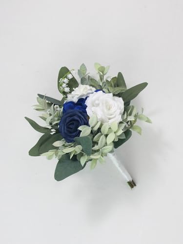 Rinlong Navy Blue Bridesmaid Bouquet for Wedding, Prom, Homecoming | Silk Bridal Bouquet, Destination Friendly - color: 21-blue & Sage