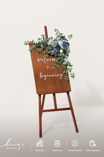 Ling's moment Wedding Artificial Welcome Sign Flowers Swag Arch Floral Garland Decorations Dusty Blue Navy for Ceremony Reception Entrance Entryway Party Banquets Easel Home Outdoor(NOT Include Sign) - color: Dusty Blue & Navy