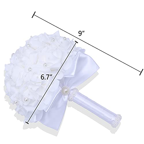 Wedding Bouquets for Brides or Bridesmaids Pearl Embellishment Roses Bridal Bridesmaid Wedding Hand Bouquet Artificial Fake Flowers.(White) - color: White1