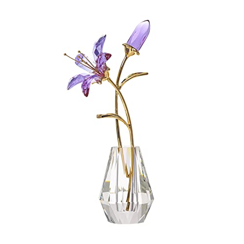 LONGWIN Crystal Artifical Tiger Lily Flowers with Vase - Purple Glass Collectible Figurines for Home and Wedding Decor - color: Purple