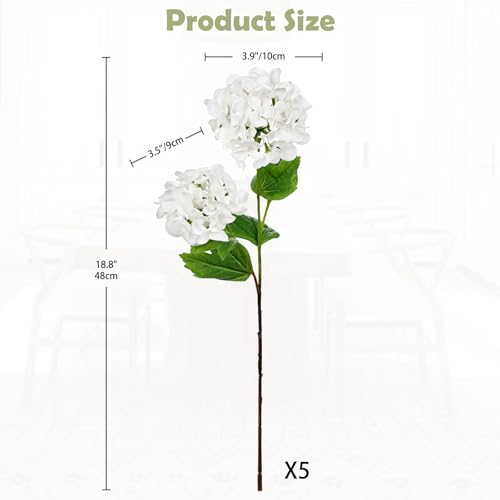 Real Touch Hydrangea Artificial Flowers 19” Tall Artificial Hydrangea Flowers Double-Headed Faux Hydrangeas, Cream Hydrangeas, Realistic Silk Hydrangea for Home Decor Weddings Arrangements-5 Branches - color: White#02