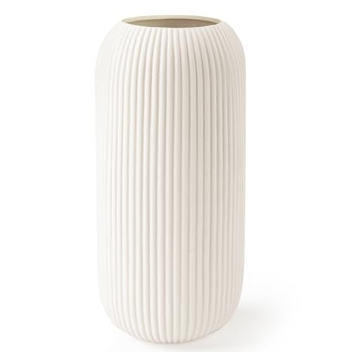 Ceramic Vase for Flowers – Modern Small Ribbed Textured Flower Vase for Home Decor, Pampas Grass, Decorative, Farmhouse, Coffee Table, Kitchen Centerpieces, Bookshelf and Home Living (White) - color: White