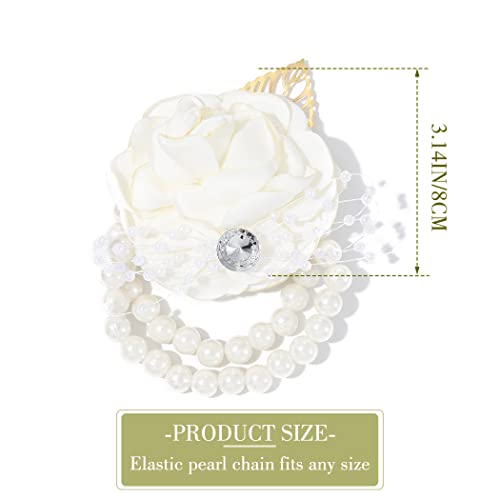 Wedding Bride Rose Wrist Corsage White Bridesmaids Silk Wrist Flower Flowergirl Hand Floral Decor Bridal Prom Party Accessories for Women and Girls (White) - color: White
