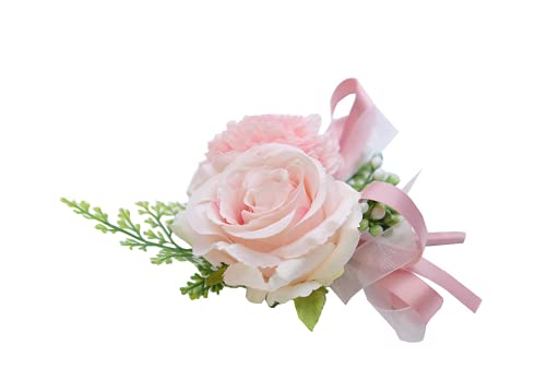 Rikyo 2 Pack Pink Flower Wrist Corsage Boutonniere Set,3" Artificial Rose Carnation Wrist Corsage and Men Boutonniere Set,DIY Silk Flower for Wedding Flowers Accessories Prom Suit Decor - color: Pink