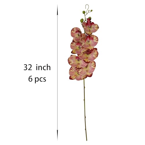 ATFL 6 Pack Orchid Artificial Flowers Real Touch, 32'' Artificial Fake Faux Silk Orchid Stem Bouquets for Wedding Party Home Garden Decor,Orquideas Artificiales para Decora (6,not Including Pot), - color: Pink+ Burgundy