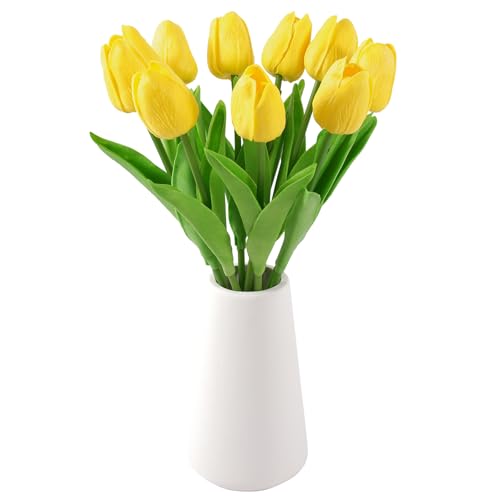 Real-Touch Artificial Tulips with Ceramic Vase, 10 Stems Faux Floral Arrangement, Spring Table Centerpiece, Modern Farmhouse Home Decor (Yellow + vase) - color: Yellow + Vase