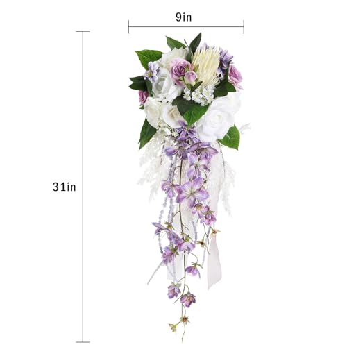 Bridal Bouquet,9 Inch Wedding Bouquets Purple and White Fake Wedding Silk Flowers for Ceremony Anniversary Brides Shower(Purple) - color: Purple