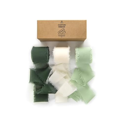 Vitalizart Handmade Chiffon Silk Ribbon Fringe Green & Cream 1.5" x 21 Yd Frayed Edges Ribbons for Wedding Invitations Bridal Bouquets Gifts Wrapping Crafts Holiday Party Decorations - color: Cream & Green