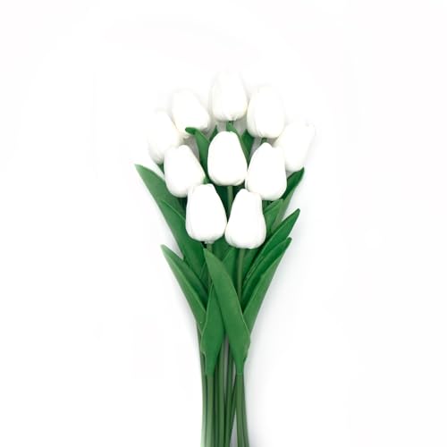 White Flowers Fake Tulips Artificial Flowers, 13 Inch Real Touch Tulip PU Flowers for Decoration, Vase, Mother's Day Easter Valentines Gifts 10 Pcs - color: White